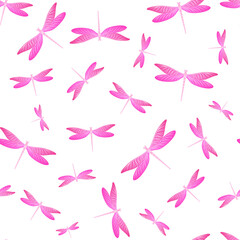 Dragonfly trendy seamless pattern. Repeating dress fabric print with darning-needle insects. Garden 
