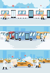 Obraz premium men wearing a protective suit disinfects vehicles by coronavirus or covid 19