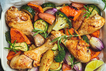 Roasted chicken legs with vegetables in the oven dish, top view. Baked chicken with sweet potato,...