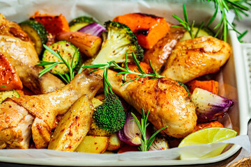 Roasted chicken legs with vegetables in the oven dish. Baked chicken with sweet potato, zucchini...