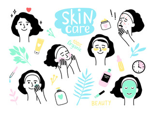 Woman organic skin care. Vector illustration female use water and scrub to protection face skin and save beauty, positive caring of cleansing skin, problems with wr