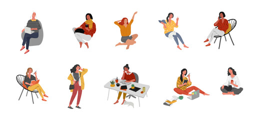 Set of beautiful girl character in daily life scenes. Young woman shopping, makes up, sleeping, relaxes, takes a bath, chooses clothes, drinking coffee. Flat cartoon vector