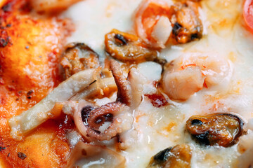 Italian Pizza with Seafood close-up.
