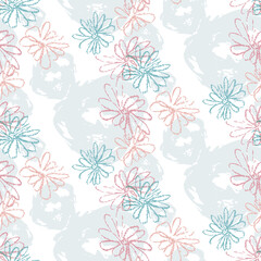 Seamless pattern modern romance design. Translucent print with pastel flowers and ink splashes. Watercolor effect. Suitable for bed linen, napkins, bandanna and fashion industry.