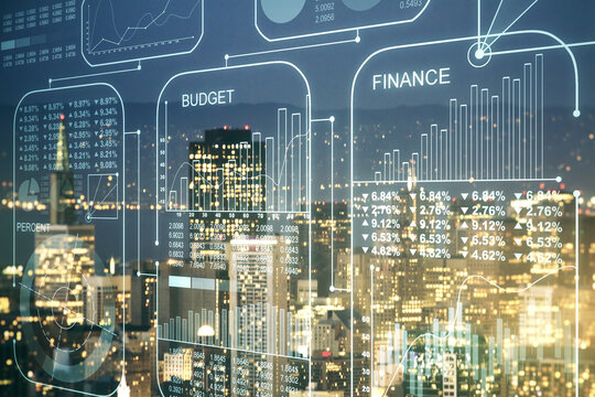 Double exposure of abstract virtual statistics data hologram on San Francisco city skyscrapers background, statistics and analytics concept