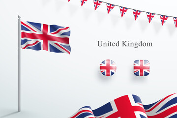 UK Flag 3d Elements Waving Flagpole Bunting Buttons