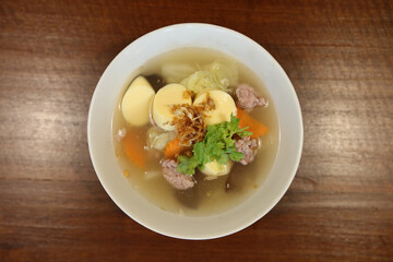 Pork Stock & Glass Noodle Soup Recipe. Homemade soup with Pork Thai Food. top view.