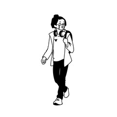 Teen girl in medical mask. Monochrome vector illustration in hand drawn sketch style isolated on white background. Masked student protects her breath by facial tissue with filter. Viral protection.