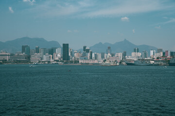 Obraz premium View of the Sugar Loaf in Botafogo, a mountain, and a landscape of Rio de Janeiro from a cable car, Brazil. 