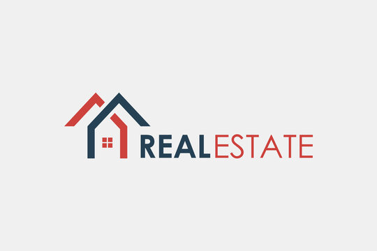 Real Estate Logo. Blue and Red House Symbol Geometric Linear Style isolated on White Background. Usable for Construction Architecture Building Logo Design Template Element.