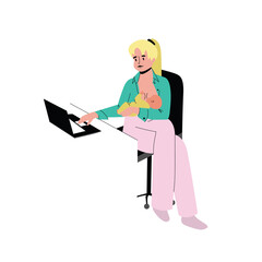 Young business woman is working and breastfeeding a baby. The parent is a freelancer. A mother is sitting at a computer with a child in her arms. Vector illustration on an isolated white background.