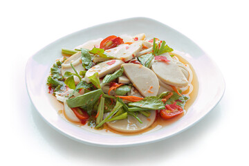 Spicy Vietnamese Pork Sausage Salad (Yum Moo Yor). isolated on white background. With clipping path.