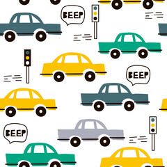 Seamless pattern with cars, traffic lights, hand drawn overlapping backdrop. Colorful background vector. Illustration with automobiles. Decorative wallpaper, good for printing