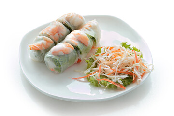 Fresh summer rolls with shrimp and vetgetables,Vietnamese food for healthy food concept. Vietnamese food in Thailand isolated on white background. With clipping path.