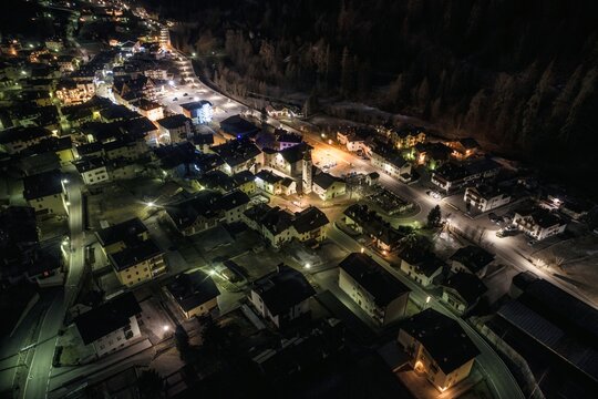 Cogolo at night in Italy aerial drone photo