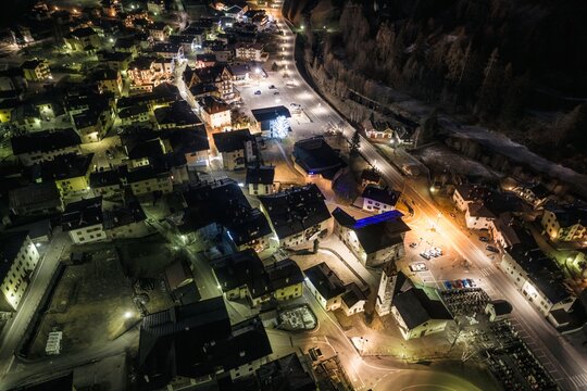 Cogolo at night in Italy aerial drone photo
