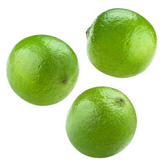 Flying fresh lime fruits, isolated on white background