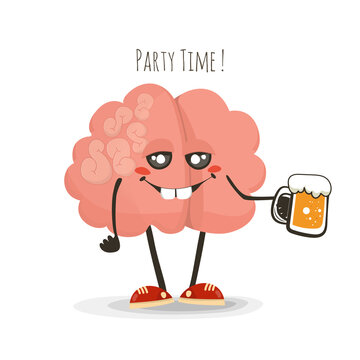 Drunk brain vector cartoon character, party time icon, eps 10 vector
