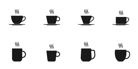 Coffee and tee cup icon set. Hot drink mug silhouettes with steam. Vector illustration.