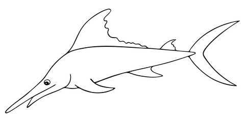 Swordfish. Marlin. Vector illustration. Outline on a white isolated background. Sea fish with a long jaw-shaped upper jaw. Inhabitant of the ocean. Active predator. Hand drawing. Sketch. Coloring. © Gebbi Mur