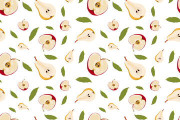 Vector seamless pattern with the image of halves of a red apple and pear, green leaf. Colorful design for print menus, recipes, cards, invitations, fabrics, wrapping paper..