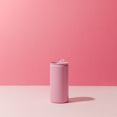 Pink aluminum soda-can on a light pink surface and pink background. Direct hard light. Minimalist photo - 354256931