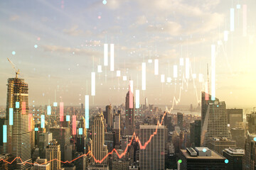Fototapeta na wymiar Double exposure of abstract creative financial chart hologram on New York skyscrapers background, research and strategy concept