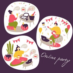 Online party concept. People communicate online, celebrate holidays, make dates. Modern lifestyle, life on Internet. Flat vector illustration