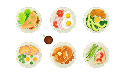Food for Breakfast with Sandwich and Pancakes Rested on Plate Top View Vector Set