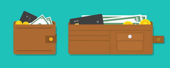 Wallet with money and card. Purse icon for payment of cash from salary or credit card. Leather open, closed wallet with pockets. Finance and pay concept. Currency and gold coins for shopping. Vector