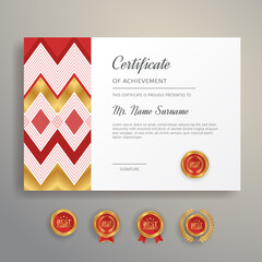 Modern certificate template, gold and red colors with gold badges and border