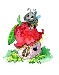 Bee and a bucket of honey. Nearby is a cute house in the form of a flower. Watercolor illustration, handmade.