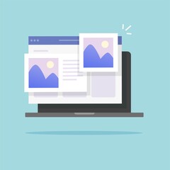 Photo album online with digital picture gallery watching on laptop computer or pc with internet web electronic photography images web files vector flat cartoon illustration