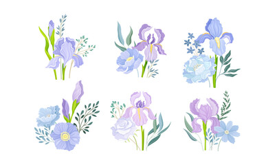Fototapeta na wymiar Floral Compositions with Purple Iris Flower and Flowering Twigs Vector Set