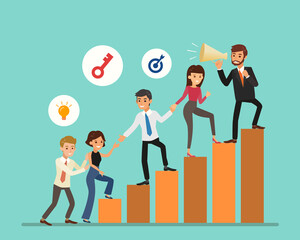 Business People Cartoon Climbing Up on Graph. Career Ladder with Characters. Team Work, Partnership, Leadership Concept. Vector illustration.