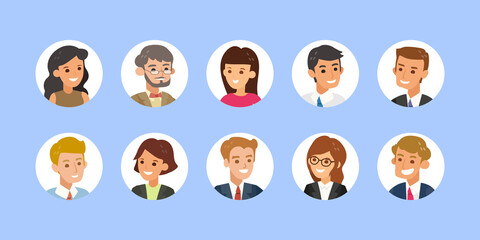 Business people avatar collection. Young adults man and woman faces, Colorful user pic icons in circle shape. Flat design style cartoon illustration isolated.