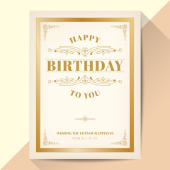 Happy Birthday Card. Elegant Vintage Gold frame design.