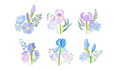 Floral Compositions with Purple Iris Flower and Flowering Twigs Vector Set