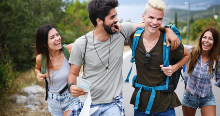 Group of happy friend traveler walking and having fun. Travel lifestyle and vacation concept