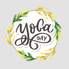 Lettering Yoga. Vector background International Yoga Day. Vector design for poster, T-shirts, bags. Yoga typography. Vector elements for labels, logos, icons, badges.