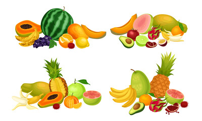 Exotic Fruits Composition with Watermelon and Papaya Vector Set