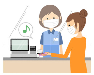 女性店員　レジ　キャッシュレス決済　　感染対策