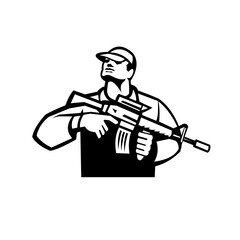 Soldier Military Serviceman Holding Assault Rifle Front View Retro Black and White
