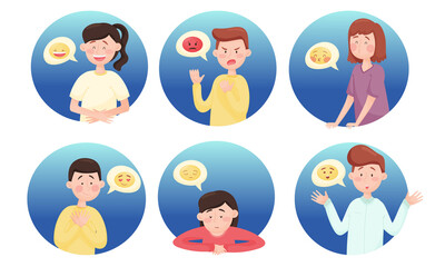 People Characters with Emoji Showing Different Emotional States and Feeling Like Boredom and Anger Vector Set