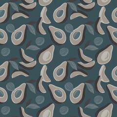 Avocado wallpaper on green background. Pattern with avocado slices