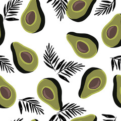 seamless pattern of half avocado on white background with graphic black palms leaves.