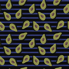 seamless pattern of half avocado on black background and blue stripes.