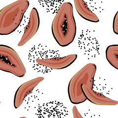 papaya raster seamless pattern on white with black dotted background.