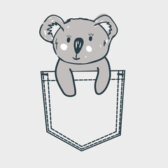 Koala baby bear sitting in pocket. Cute  print for kids t-shirt.