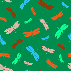 Seamless pattern with colored dragonflies. Colorful elements on a green background. Stock vector illustration. Great, creative idea for modern designs backdrops, cards, textiles, packings, fabric.